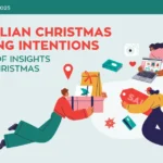 Illustration of shoppers shopping for Christmas gifts online and in-store, with icons of sales, payment cards, and presents, promoting the 2025 Australian Christmas Shopping Intentions Report – A Decade of Insights Shaping Christmas.